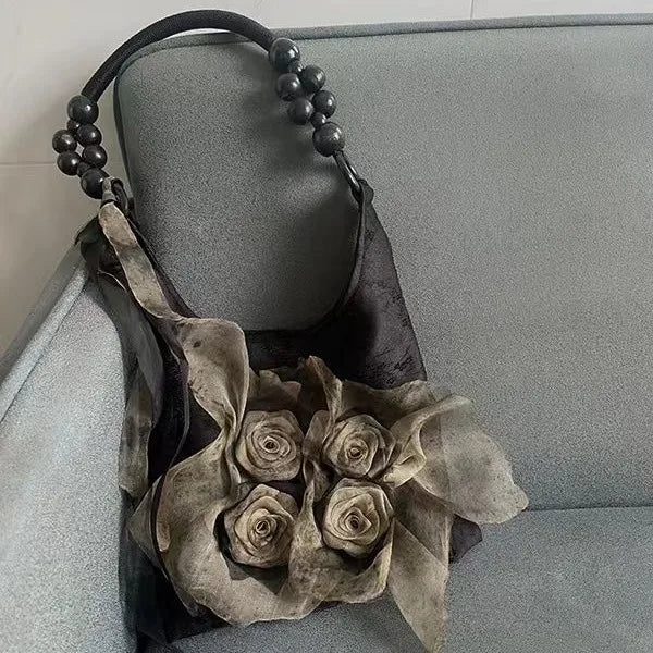 Chinese Style Rose Decor Shoulder Bags Commuter Tote Bags Classic Pleated Handbags Underarm Bags