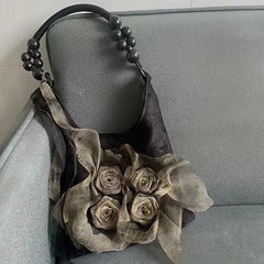 Chinese Style Rose Decor Shoulder Bags Commuter Tote Bags Classic Pleated Handbags Underarm Bags