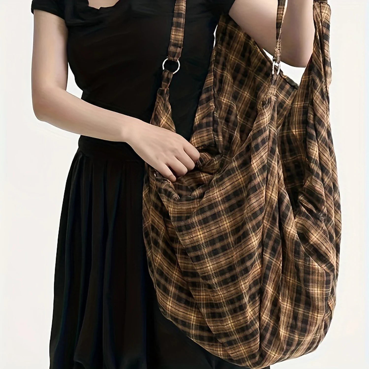 Vintage Plaid Canvas Tote LargeCapacity Korean Travel Shoulder Bag