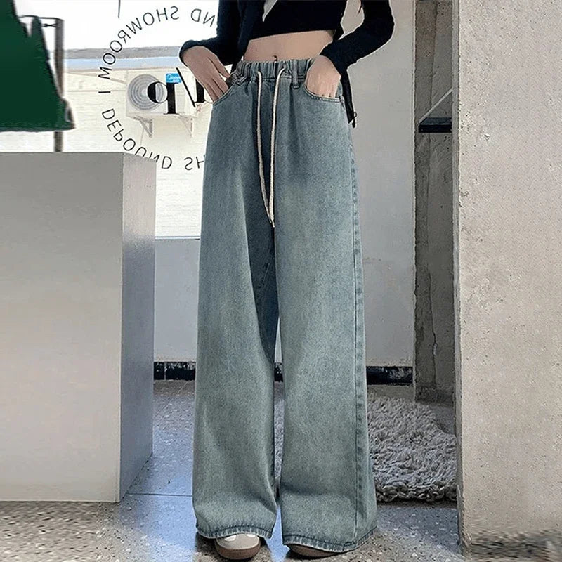 Botvotee Elastic Waist High Waist Wide Leg Jeans