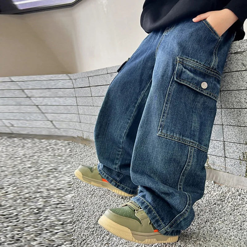 Teen Boys Jeans Children's Straight Trousers Teenager Wide-legged Cargo Pants Kids Loose Clothes