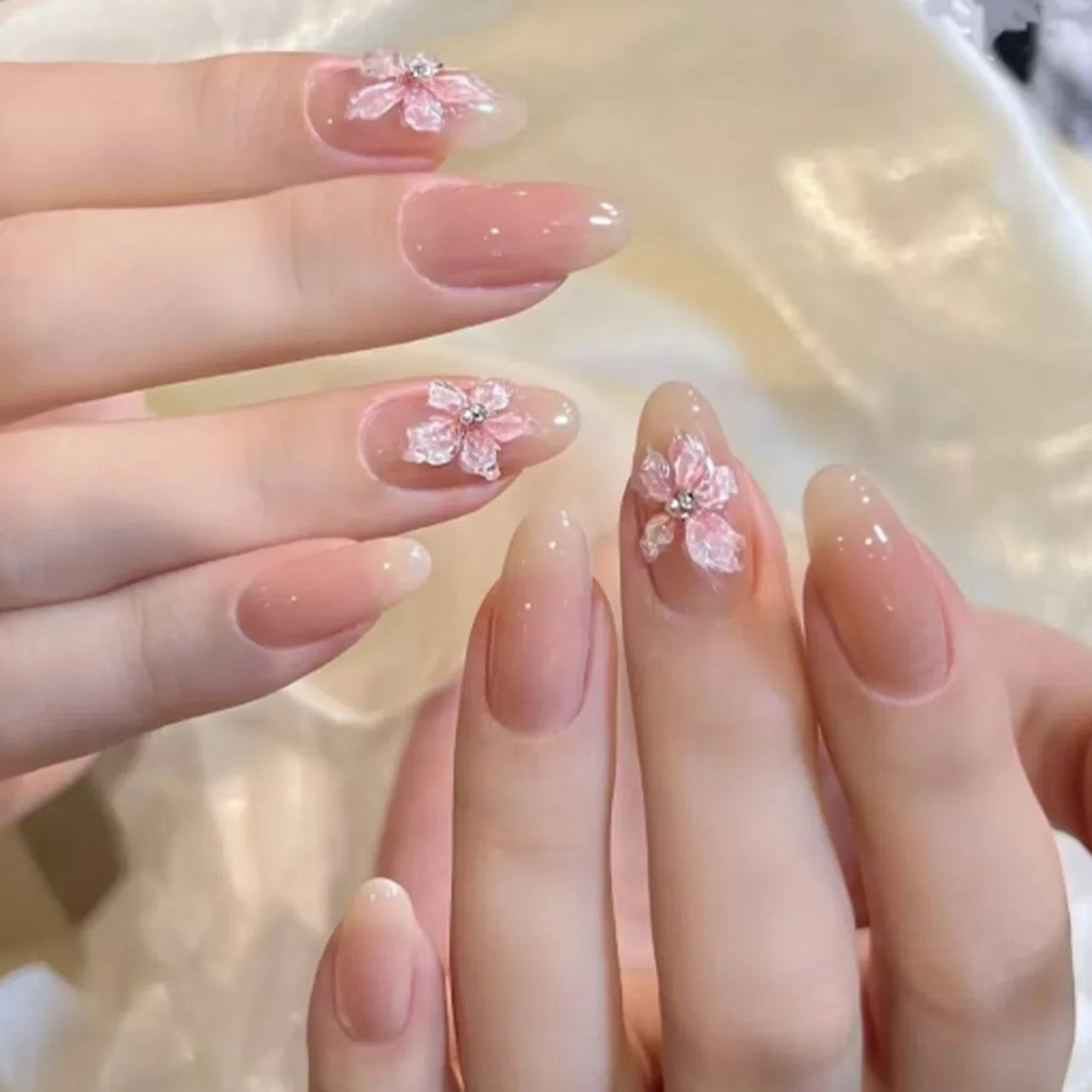 Pink Yellow Halo Dyeing Flower Water Ripple False Nails Leopard Long Pointed Fake Nails Art Press on Nails Charm Manicure