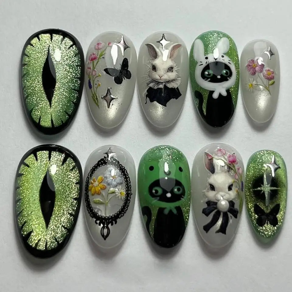 24pcs Flower Print Press on Nails Wine Red Blush Almond False Nail Tips Wearable Reusable Spicy Girl Fake Nails