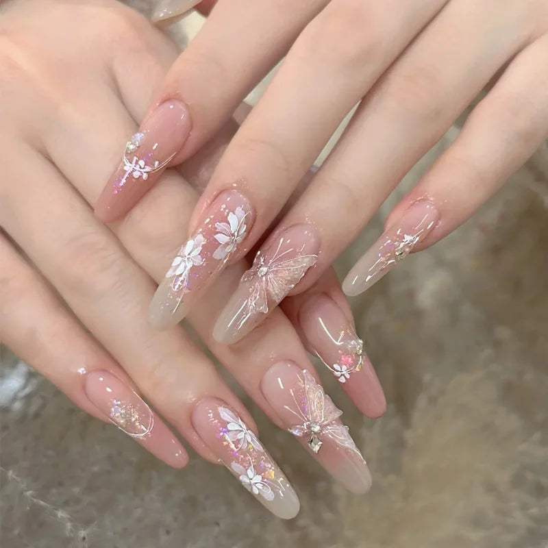 24Pcs Almond Pure Handmade Press On Nails Full Cover Butterfly French Pearl Diamond False Nails Wearable Manicure Nail Tips Art