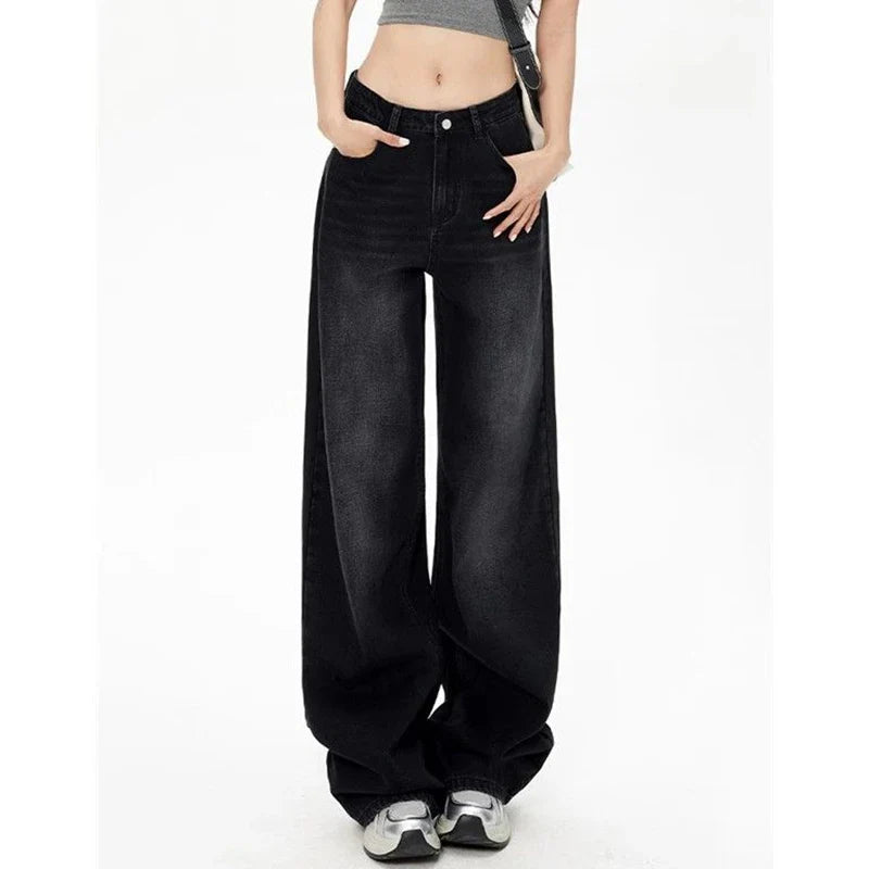 Lady Retro Black Gray High Waist Jeans Straight Leg Denim Trousers Girls Loose Fit Thin Casual Pants