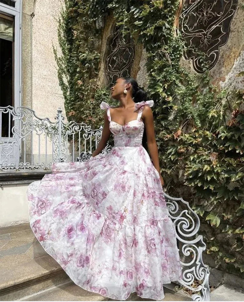 Floral Print Sleeveless Backless Lace Up Midi Prom Dress Elegant High Waist A Line Evening Dresses Outfits