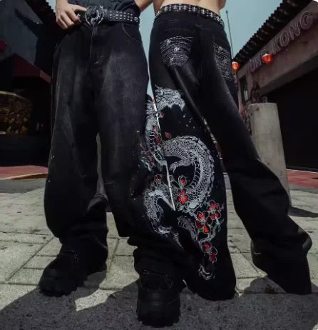 Unisex White Red Tribal Flame Print Loose Wide Leg Jeans Y2K Grunge Streetwear Oversized Denim Pants