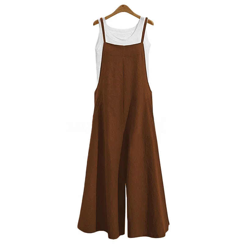 Straps Jumpsuit Solid Color Wide Leg Pants Dungaree Bib Overalls Casual Loose Sleeveless Cotton Linen Jumpsuits 5Xl