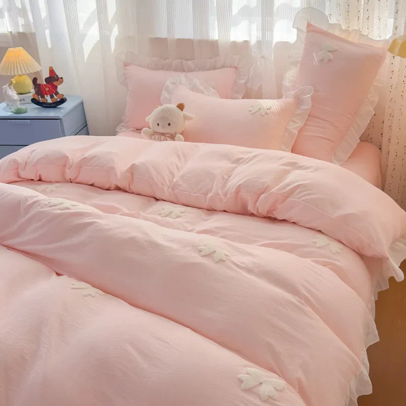 3 Piece Sheet Set pink bowknot embroidery Quilt Set
