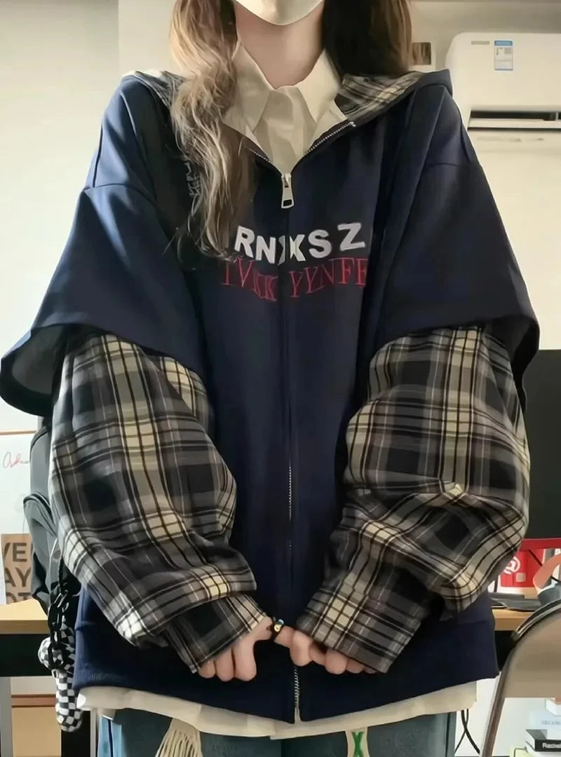 Two-Piece Illusion Plaid Hooded Sweatshirt Thin Style Design Sensibility Niche Loose Fit Idle Style Couple