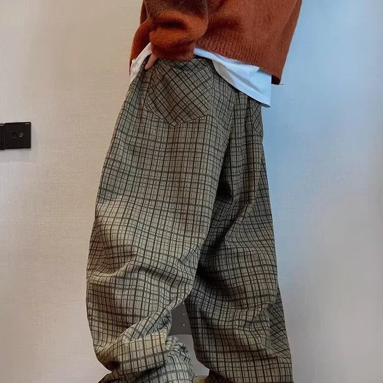 Retro American Canvas Straight Leg Pants Fine Plaid Design Sensation Small Audience Wide Leg Casual Trousers