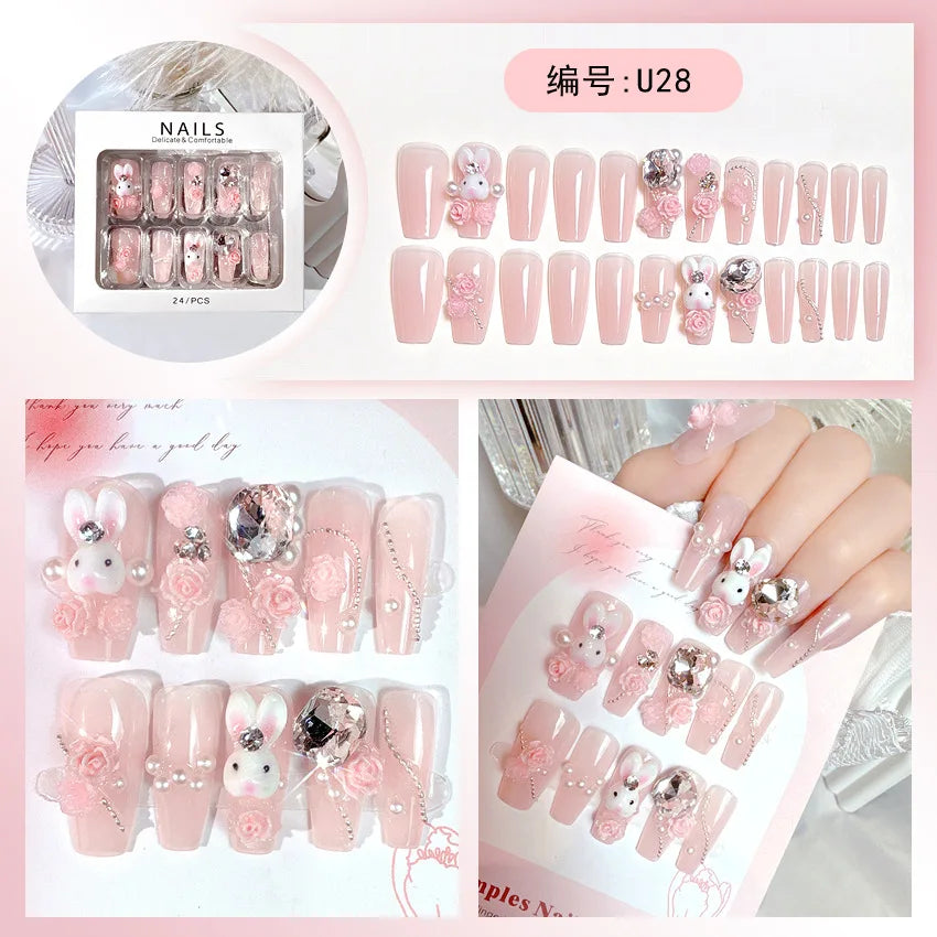 24PC Stereoscopic Vision False Nails Artificial Colors Fake Nails with Glue Full Cover Nail Tips Press on Nails Manicure Tools