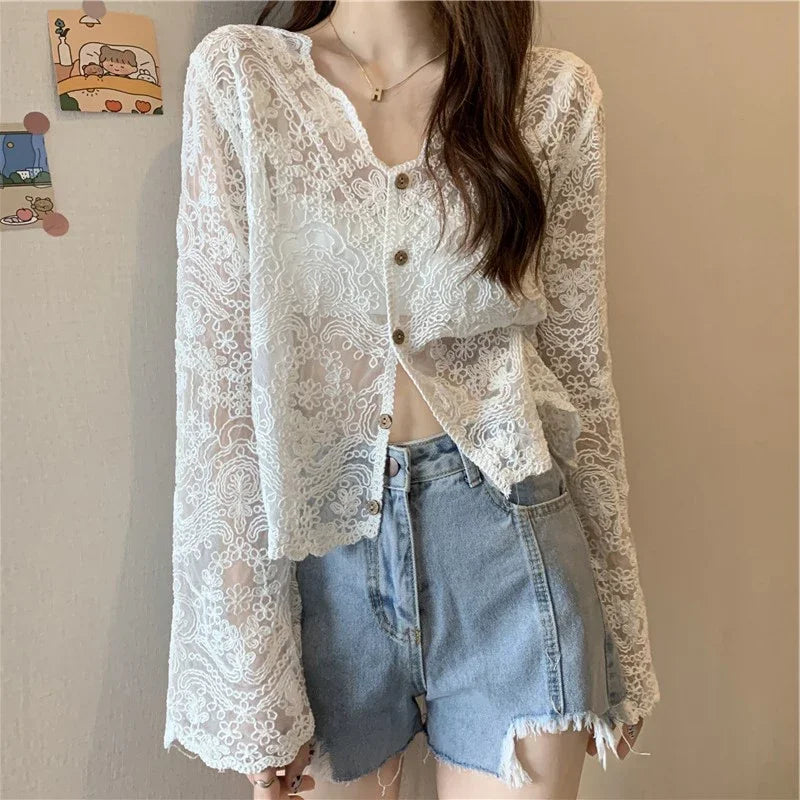 Vintage Lace Blouses See Through Sheer Long Sleeve Sun Shirts Korean Style Casual Sun Protection Ladies Tops