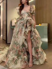 Floral Print Evening Party Dress Puff Sleeve Elegant Princess Long Dres Ladies France Vintage Open