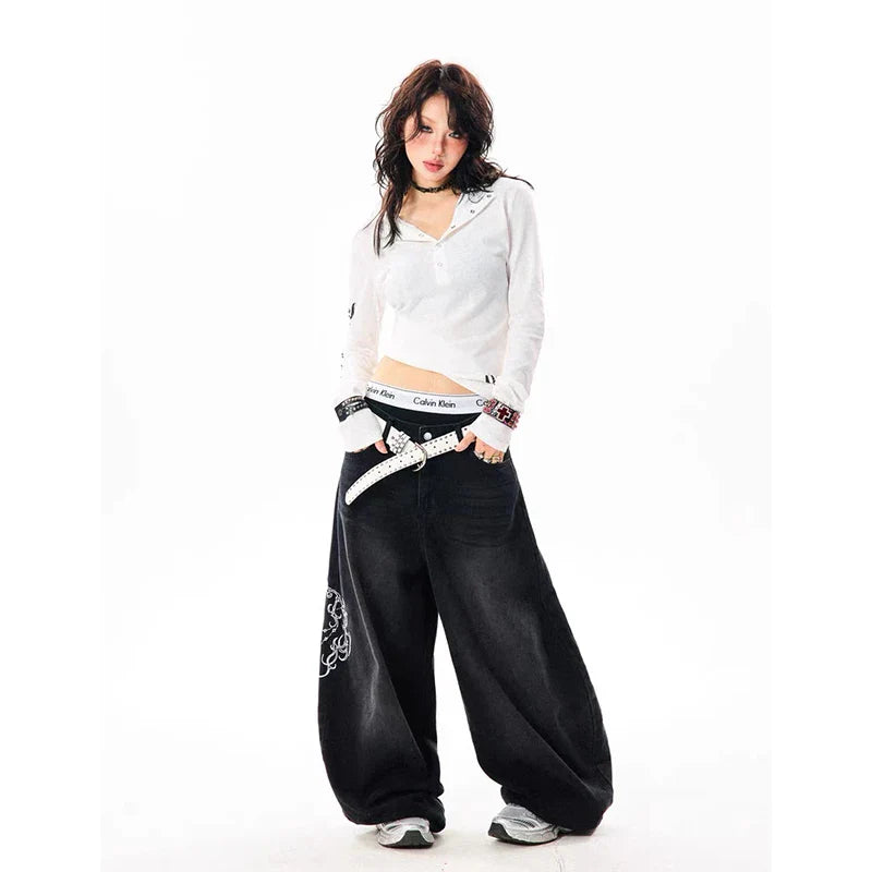 YIBASHU Vintage Embroidery Y2K Baggy Jeans High Waist 2000s Wide Leg Denim Pants American Retro Harajuku Trouser