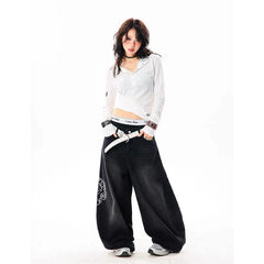 YIBASHU Vintage Embroidery Y2K Baggy Jeans High Waist 2000s Wide Leg Denim Pants American Retro Harajuku Trouser