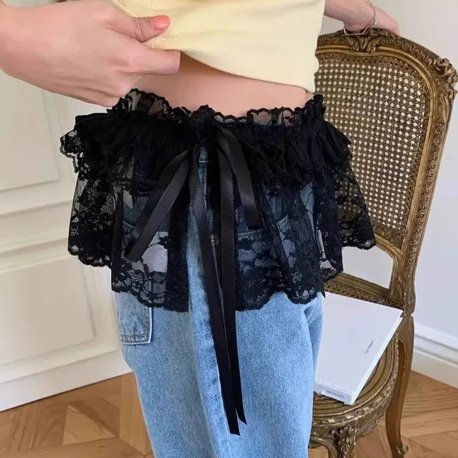 Korean Lace Irregular Skirt Curtain White Flowers Lace Mesh Halfbody Skirt Bottoms Jeans Decorative Hemline