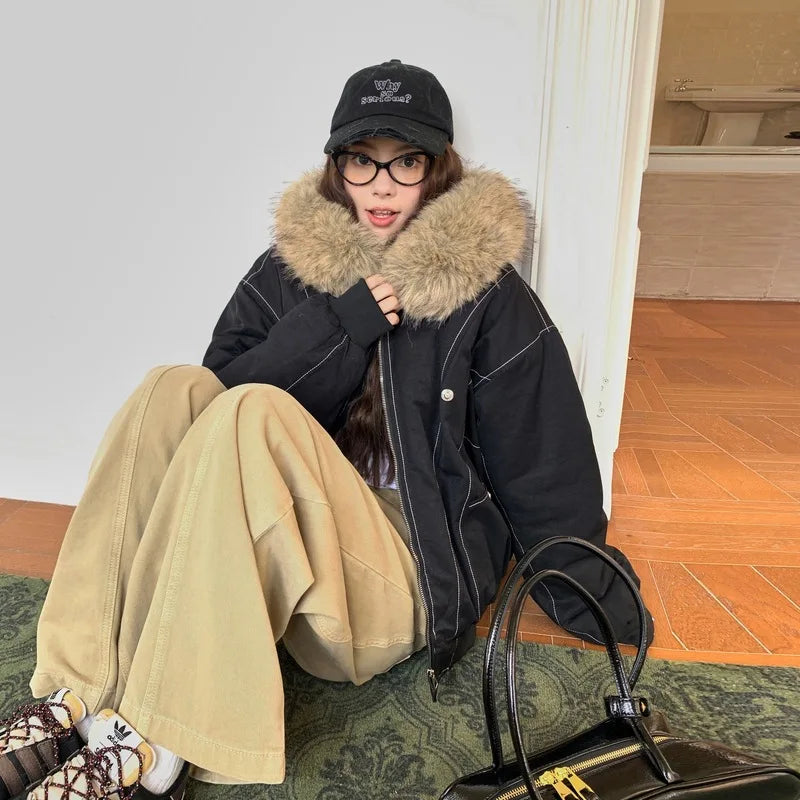 Cotton Padded Jacket Outerwear Thick Warm Oversize Short Coat Hooded Long Sleeve Fur Collar Parkas