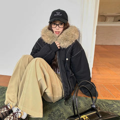 Cotton Padded Jacket Outerwear Thick Warm Oversize Short Coat Hooded Long Sleeve Fur Collar Parkas