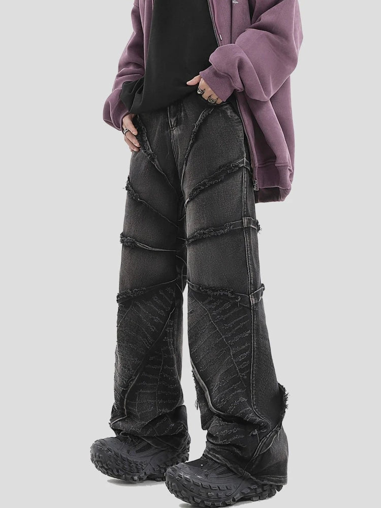 National Tide Couples American Raw Edge Stone Mill Washed Jeans Y2K Gothic Punk Style Loose Straight Tube Make Old Trousers