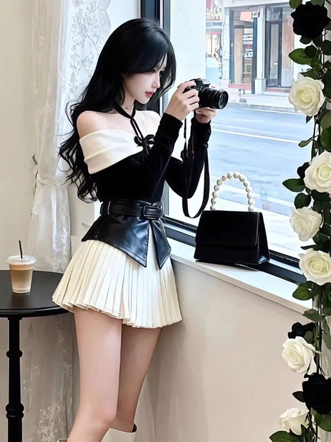 French Style One-Shoulder Butterfly Knot Waist Seal Splice Slit Slimming Half Skirt Set Sweet Lolita Top Bottom En