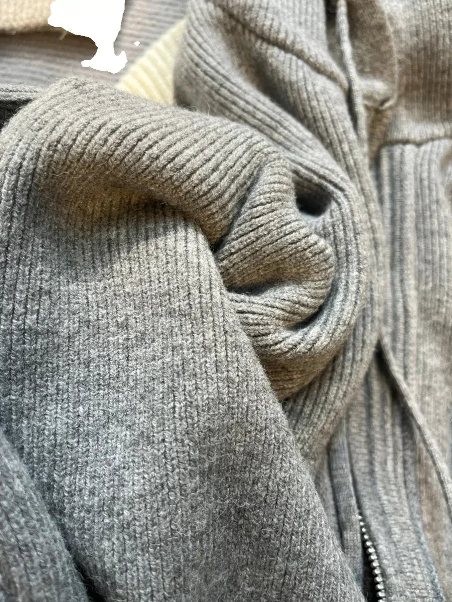 Gray Hooded Sweater Coat Double Zipper Long Sleeve Loose Korean Soft Thickened Knitted Tops Coats