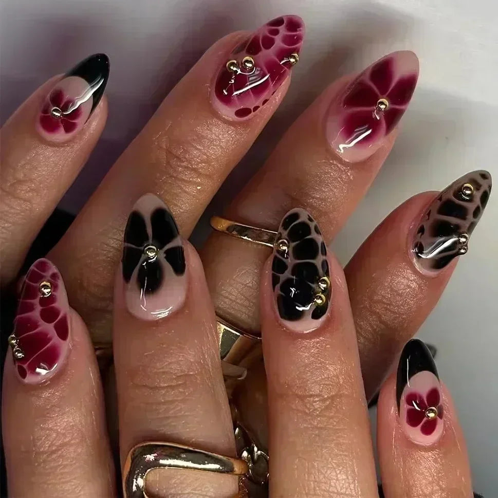 Pink Yellow Halo Dyeing Flower Water Ripple False Nails Leopard Long Pointed Fake Nails Art Press on Nails Charm Manicure
