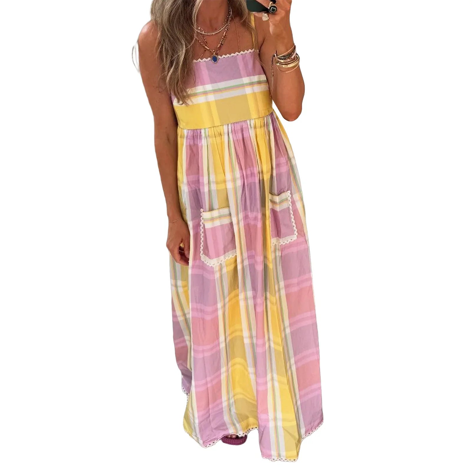 Combhasaki Striped Adjustable Thin Spaghetti Straps Ric-Rac Trim Flowy Beachwear A-line Slip Cami Pocket Long Dress