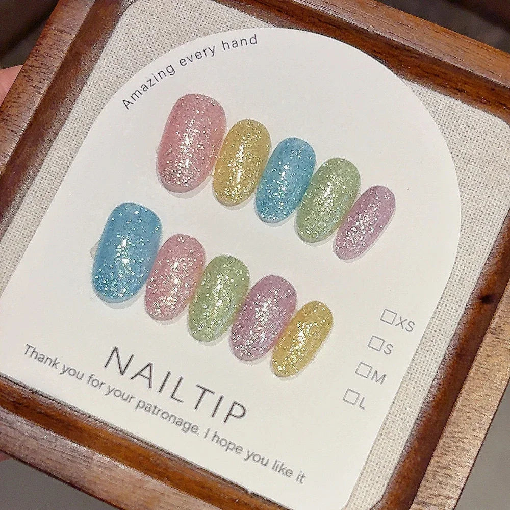 10Pcs Handmade Nude Color Press On Nails Sparkling Cat-Eye Cherry Star Marine Elements Sequins Cute Girlish Nail Suitable