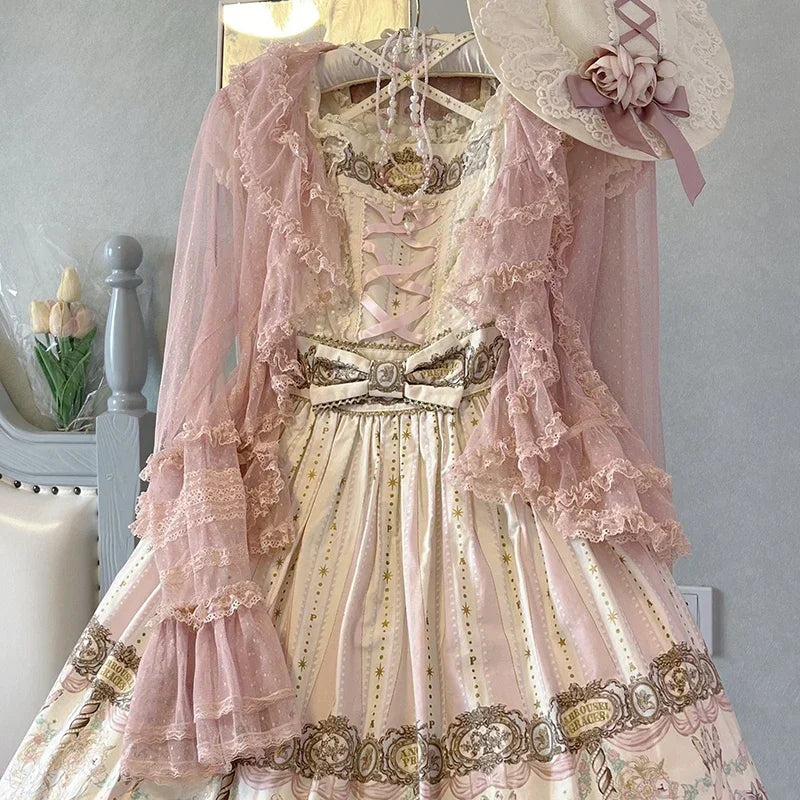 Lolita Sweet Shirts Lace Mesh Harajuku Blouse Y2K Long Sleeve Preppy Style Cardigan Japanese Ruffles Tops
