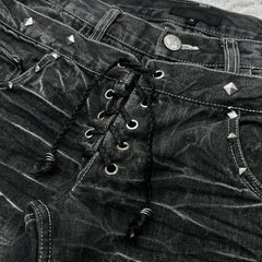retro double waisted lace up micro flared pants streetwear Y2K washed high-quality design sense