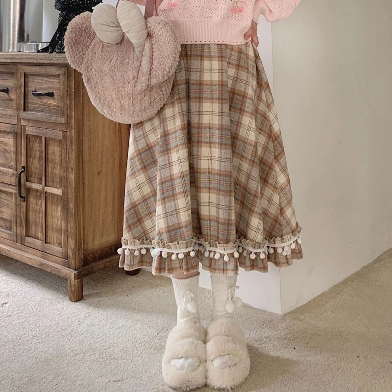 Kawaii Vintage Cute Plaid A-line Skirt Design Chic Elastic Waist Patchwork Skirt Pretty Loose Skirt Y2k