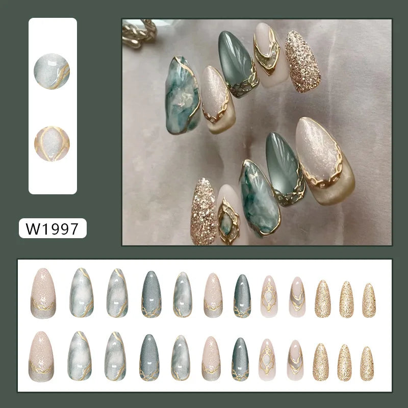 24pcs False Nails Glossy Green Almond Fake Nail Tips Wearable Detachable Flower Print Press on Nails