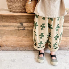 1639C Children Pants Flower Print Girl's Pant Washed Cotton Harem Pants 1-7Year Boy's Casual Pants Trousers