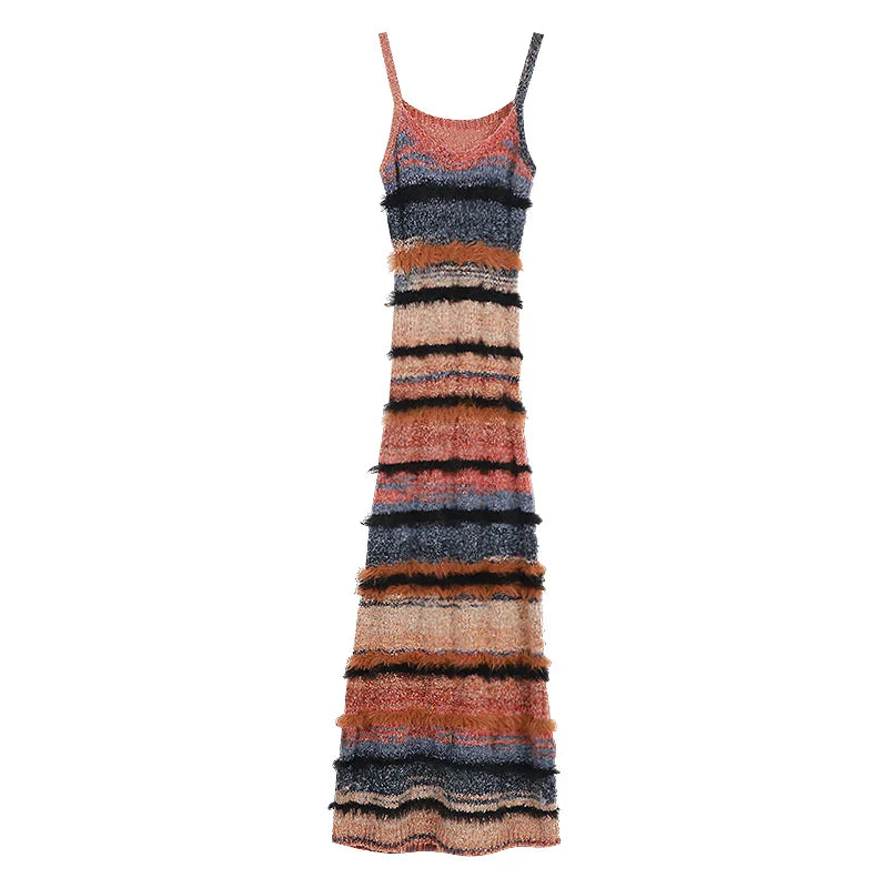 Korean style Streetwear Long-sleeved Cardigan Striped Knit Sling Dress Two-piece Suit