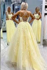 Tulle Spaghetti Straps Prom Dresses Long Lace Appliques Ball Gowns