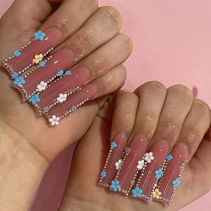 24pcs Rhinestones Full Cover Nail Art Datachable Glitter French Press on Nails Tip Flower Long Square Fake Nail Pink False Nails