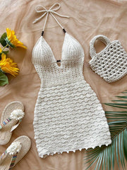 Soleia V-Neck Hollow-Out Wooden Beads Fitted Dress, Vacation Spaghetti Strap Backless Ombre Knitted Dress, Suitable