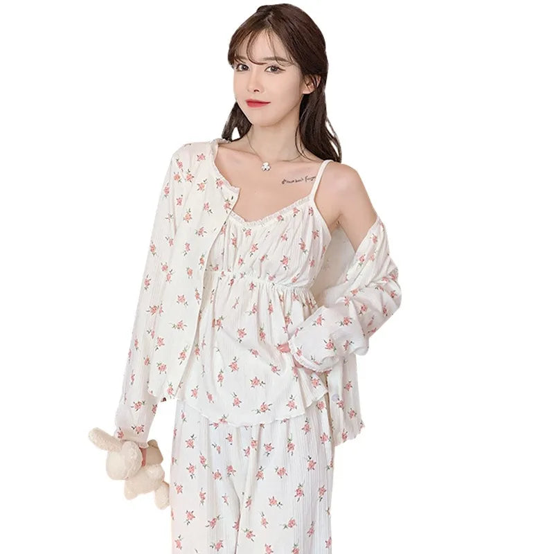 Three Piece Cotton Pajamas Long Sleeve Trousers Floral Student Loungewear Large Size Romantic Nightwear Sexy