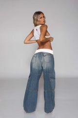 American-style vintage distressed high-waisted denim long pants
