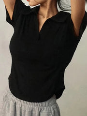 Short Sleeve Lapel Top Solid V-Neck Pullovers Retro Sweet Shirts Girl Crop Top Slim Versatile Tee