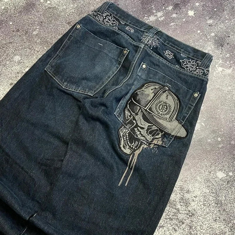 Y2k Hip Hop American Wide Leg Pants Gothic Zipper Skull Embroidered Jeans Harajuku Vintage High Waist Casual Jeans Unisex