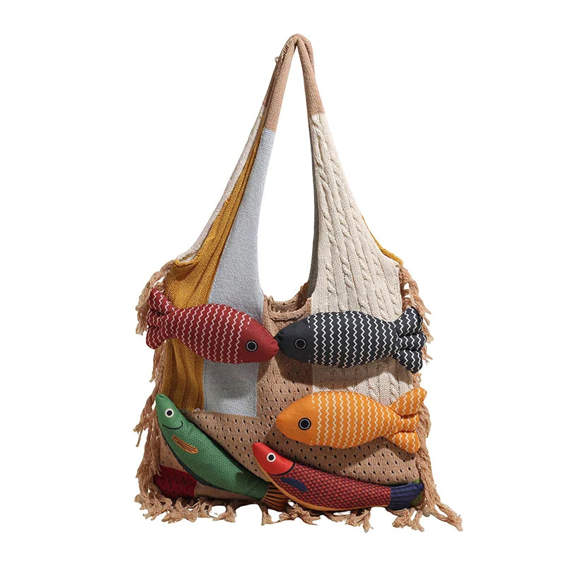 Cute Little Fish Relaxed Knitted Bag Commuter Versatile Shoulder Bag Contrasting Cut Out Tote Bag