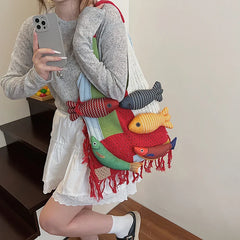 Cute Little Fish Relaxed Knitted Bag Commuter Versatile Shoulder Bag Contrasting Cut Out Tote Bag