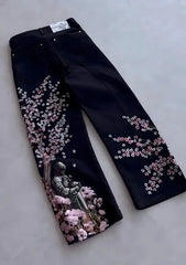 American Retro Patchwork Knight Cherry Blossom Denim Pants Y2k Vintage Baggy Straight Wide Leg Jeans Street Clothes