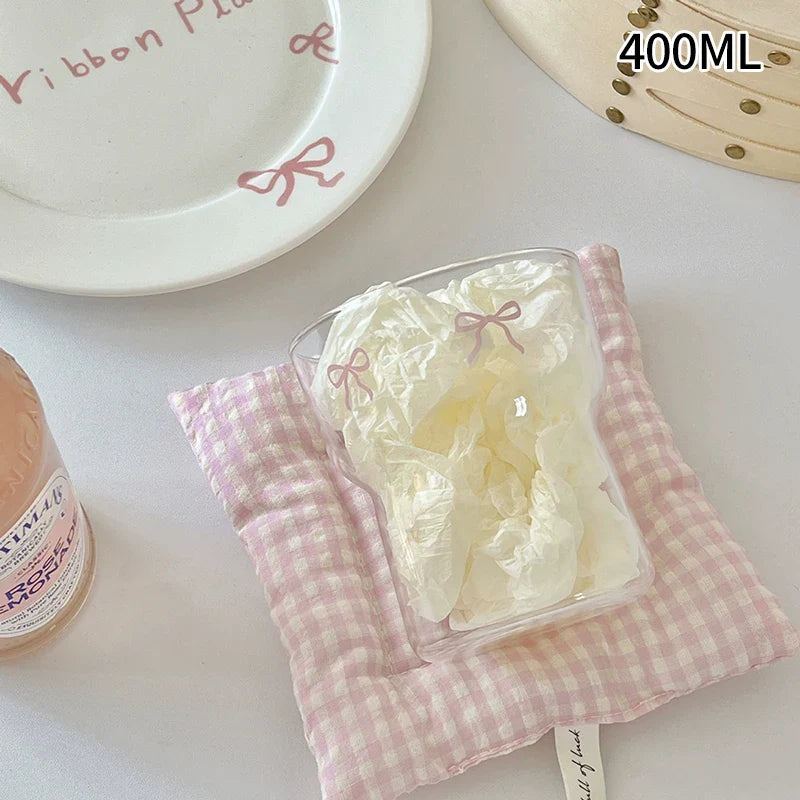 INS Pink Bow Glass Cups Iced Coffee Mug Clear Drinking Glasses Tumbler Milk Tea Juice Water Cup Dessert Cups Drinkware 260-380ML