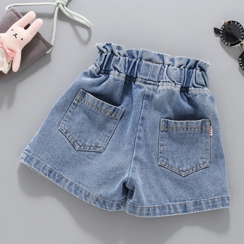 Girls Denim Shorts Korean Children's Pleated Jeans 4-12Years Teens Girls Short Jeans Pearl Decoration