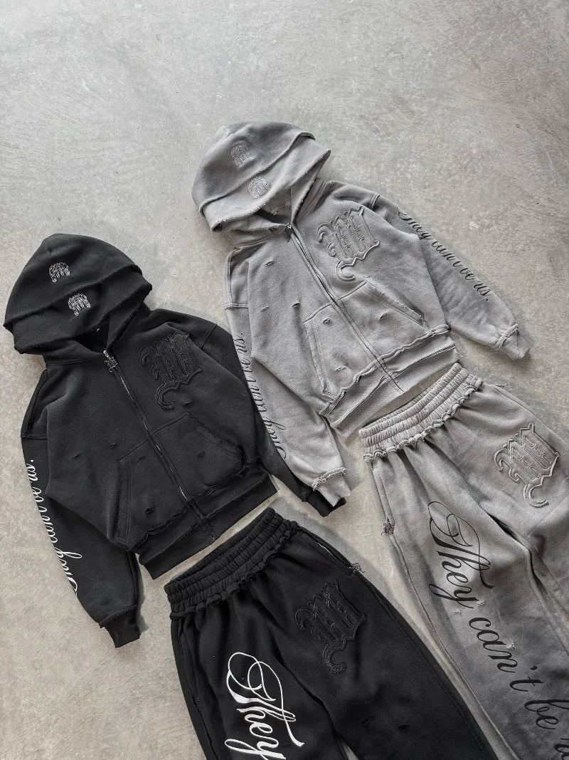Y2K Harajuku Punk Gothic Loose Hooded Sweatshirt American Embroidered Patch Casual Double Hooded High Street Retro Sports Sui