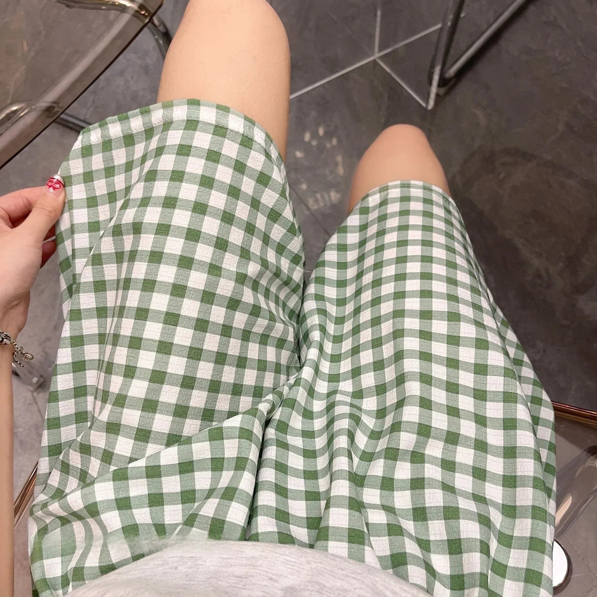 Loose Plaid Shorts Ins Style Shorts High Waist Slimming Wide Legs Casual Home Pants Outdoor Wearing Walking Shorts