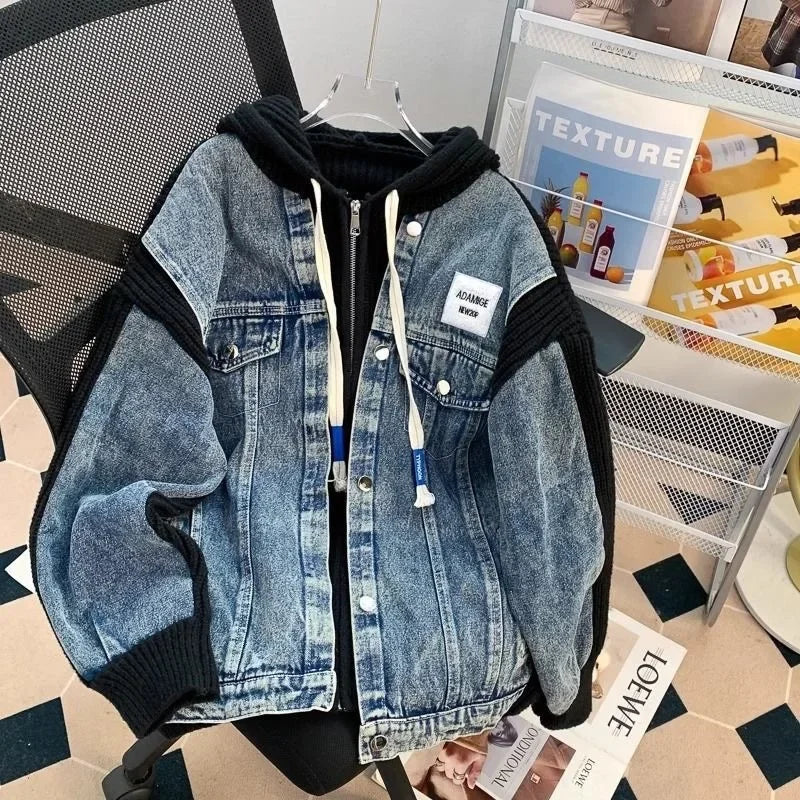 Loose Lazy Style Denim Patchwork Hoodie Outerwear Sweater Jacket Korean Version Casual Coat